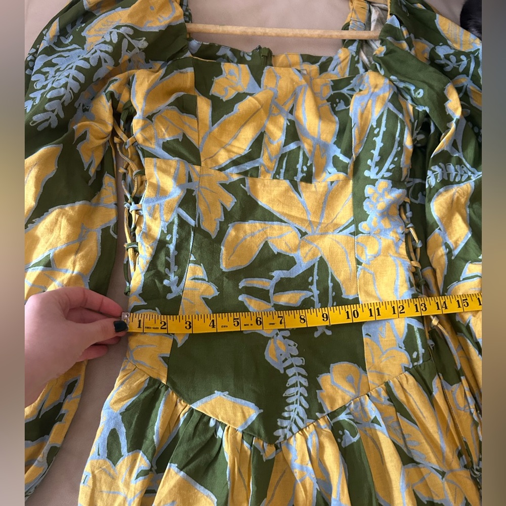 NWT FARM Rio Olive Green Mini Dress with Yellow & Light Blue Floral Print - Picture 4 of 7